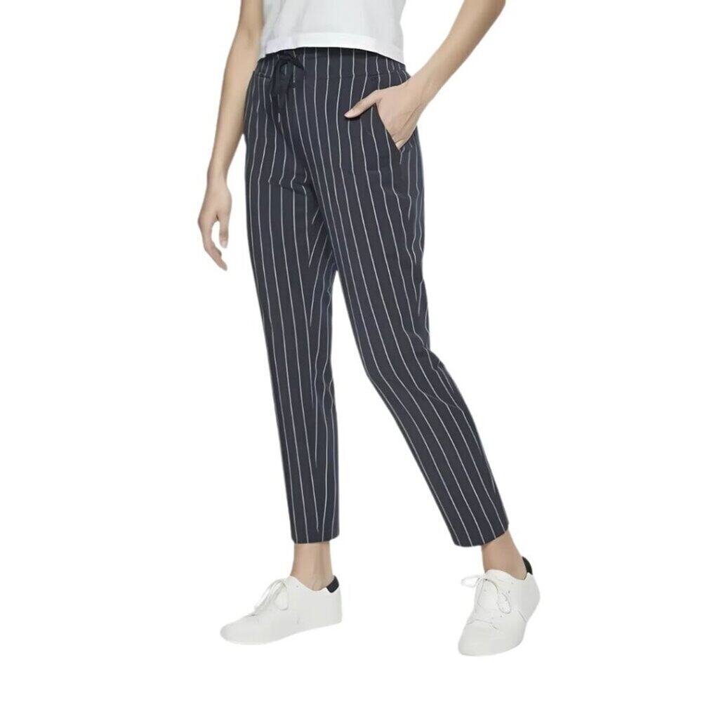 Athleta Striped Midtown Ankle Pant Paris Stripe Navy Blue 8 Travel Comfy Stretch